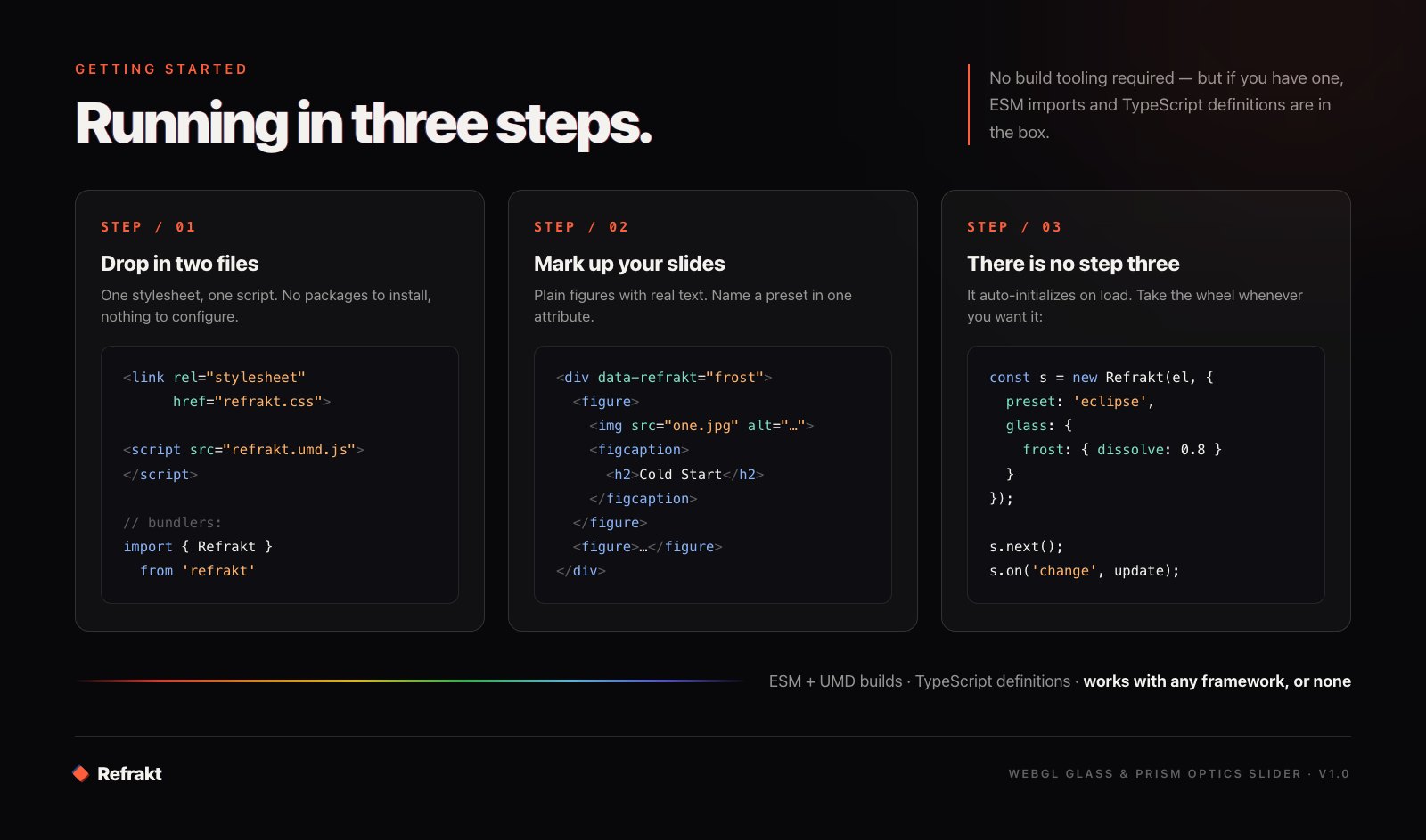 Install in three steps — two files, plain markup, auto-initializes; full JS API when you want it