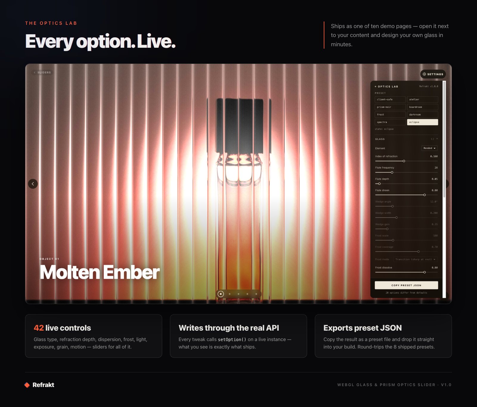 Optics Lab — 42 live controls writing through the real API, exported as preset JSON